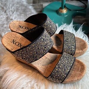 XOXO Black Cork Wedge Slide Sandals with Sparkling Studs